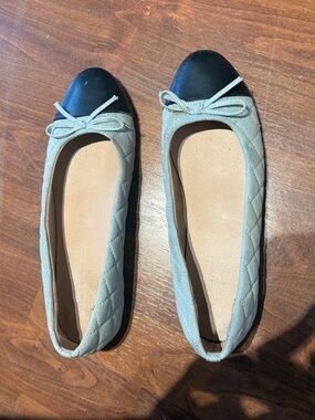 Call It Spring Quilted Light Gray Ballet Flats with Black Cap Toe